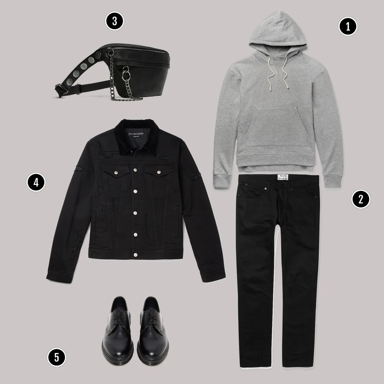 1. Áo: John Elliot / 2. Quần: Acne/ 3. Túi: Zara / 4. Áo: Alexander Mcqueen / 5. Giày: Dr. Martens