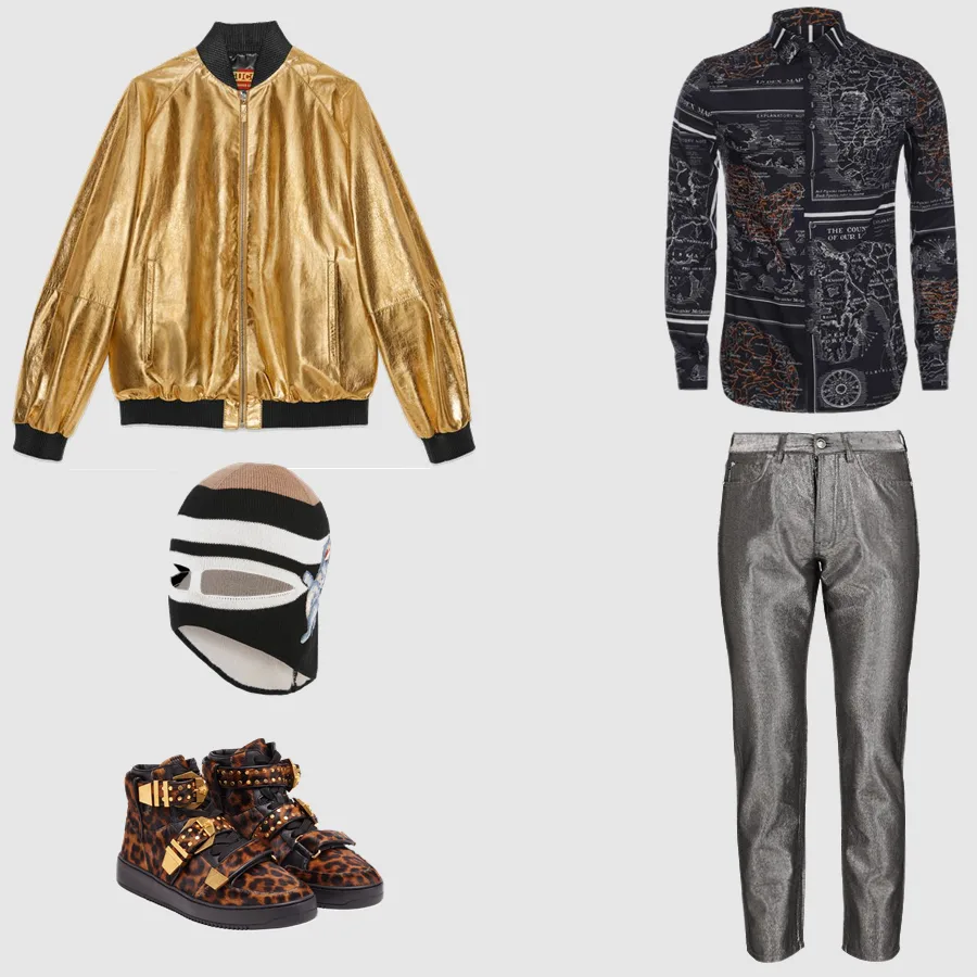 Áo: Alexander McQueen Quần, giày: Versace Áo khoác, nón trùm mặt: Gucci