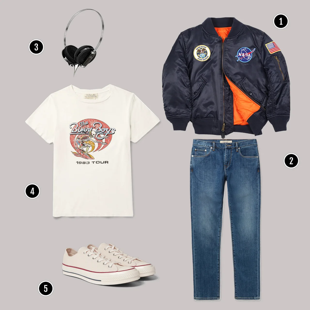 1. Áo: Alpha Industry / 2. Quần: Burberry/ 3. Tai nghe: Sennheiser/ 4.Áo: REMI RELIEF / 5. Giày: Converse
