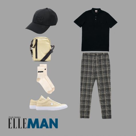 Style Canlendar Áo polo nam đen quần sọc giày beige 1