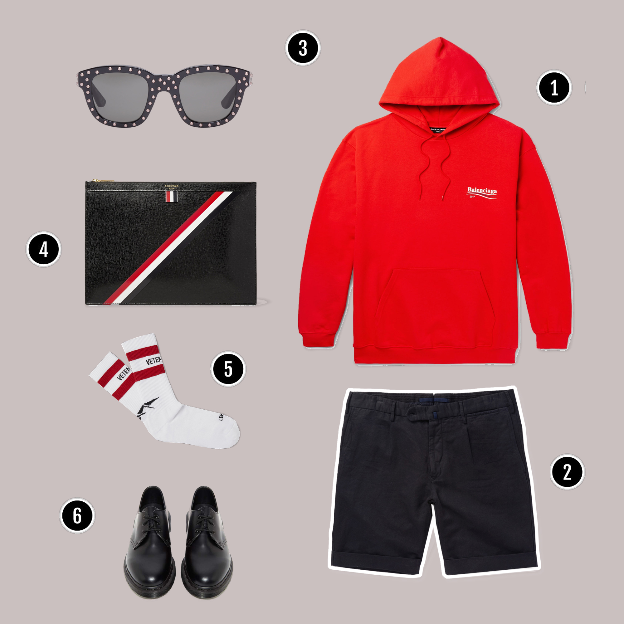 1. Áo: Balenciaga / 2. Quần: Incotex / 3. Kính: Saint Laurent / 4. . Túi : Thom Browne/ 5. Tất : Vetements/ 6. Giày : Dr Martens