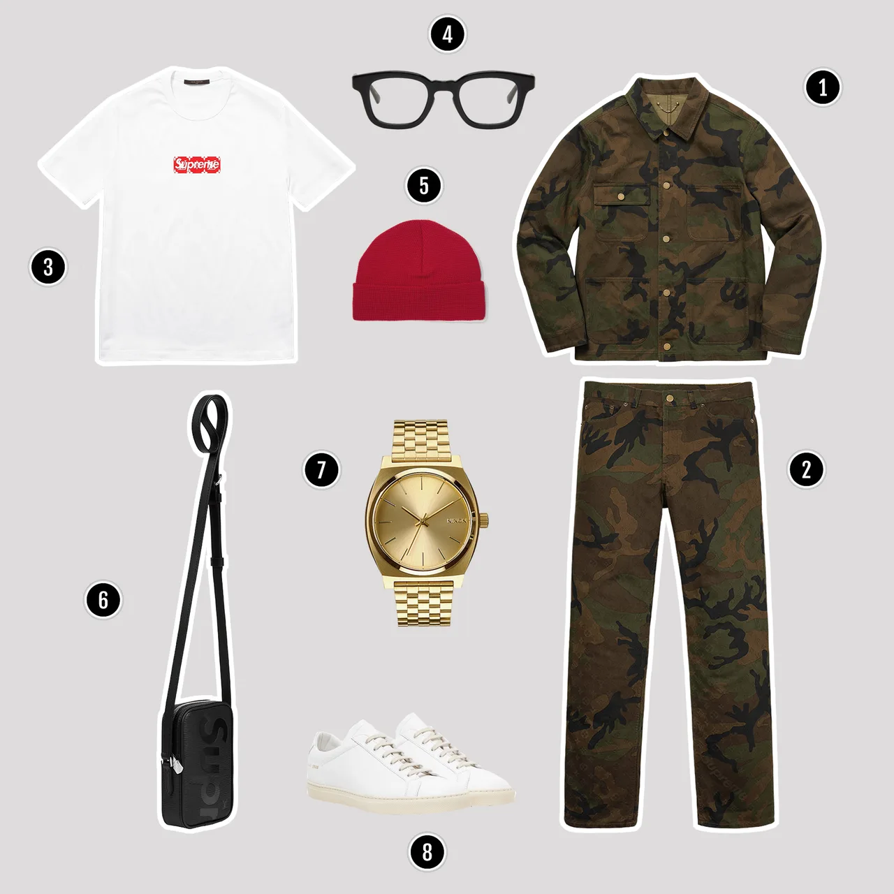 1. Áo thun : Louis Vuitton x Supreme/ 2. Quần : Louis Vuitton x Supreme / 3. Áo thun : Louis Vuitton x Supreme / 4. Kính : Eyevan 7285 / 5. Beanie : AMI/ 6. Túi : Louis Vuitton x Supreme / 7. Đồng hồ : Nixon / 8. Sneakers : Common Project