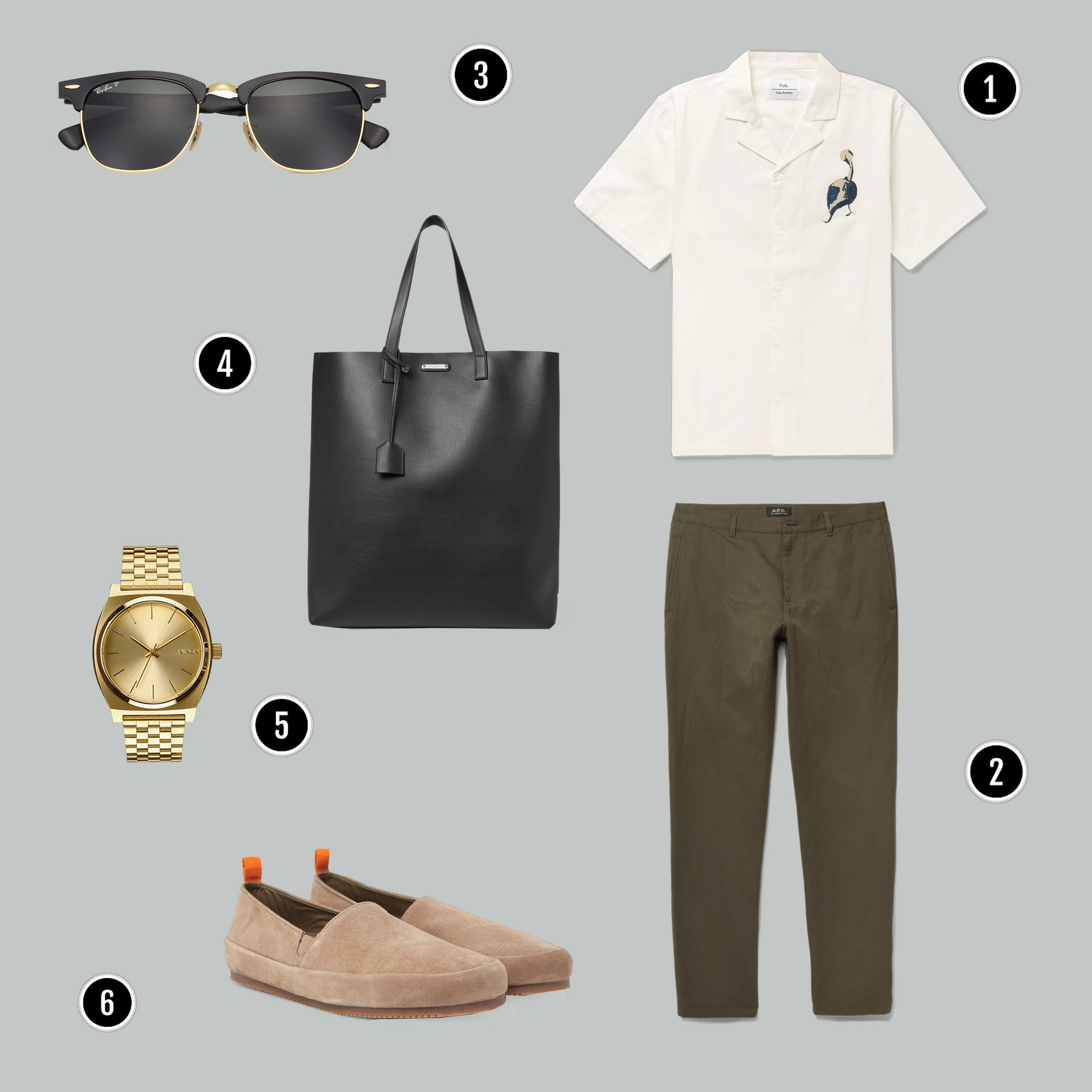 1. Áo: Folk / 2. Quần: APC / 3. Kính: Rayban / 4. Túi: YSL / 5. Đồng hồ: Nixon / 6. Giày: Mulo