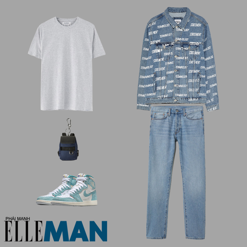 phong cách Sơn Tùng MT-P từ Hãy trao cho anh áo denim in sologan quần denim áo xám