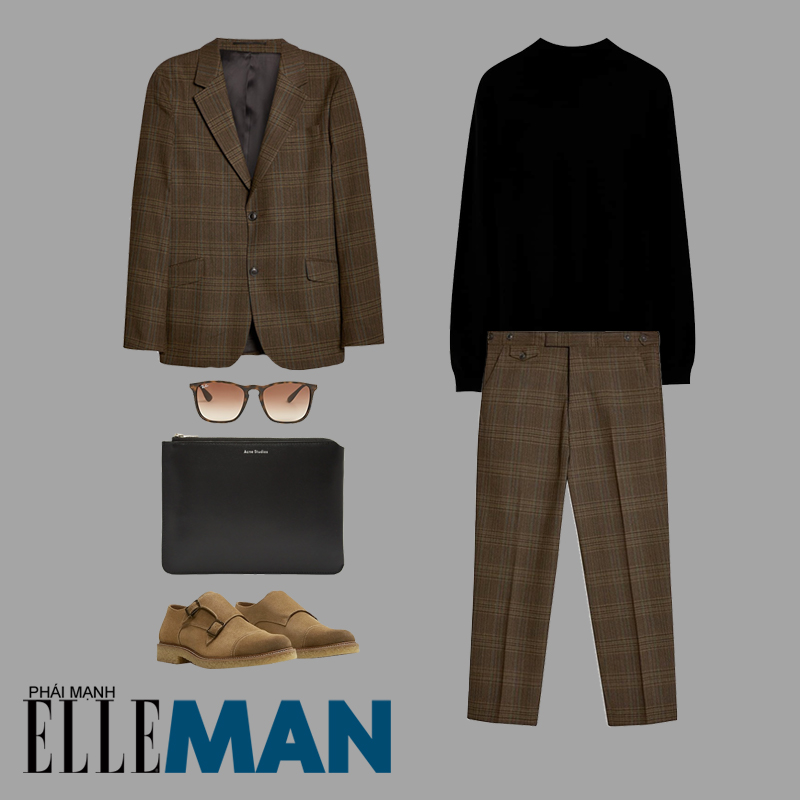 phối đồ cho đàn ông mập áo blazer quần tây kẻ sọc màu nâu