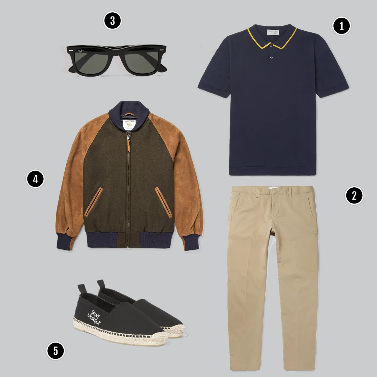 1. Áo: John Smedley / 2. Quần: AMI/ 3. Kính: Rayban / 4. Áo: Golden Bear / 5. Giày: YSL