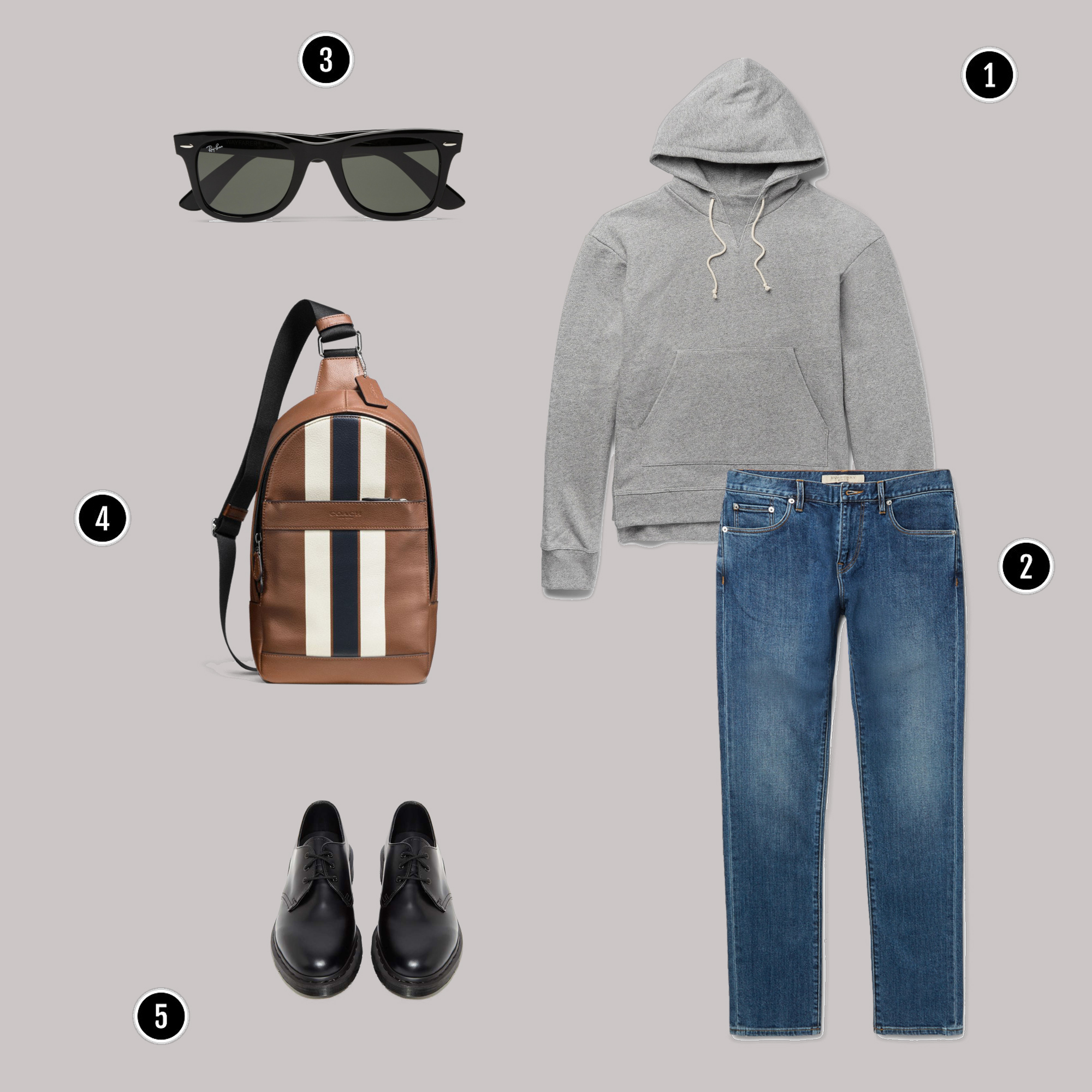 1. Áo: JOHN ELLIOTT / 2. Quần: Burberry / 3. Kính: Rayban / 4. Túi: Coach / 5. Giày: Dr. Martens