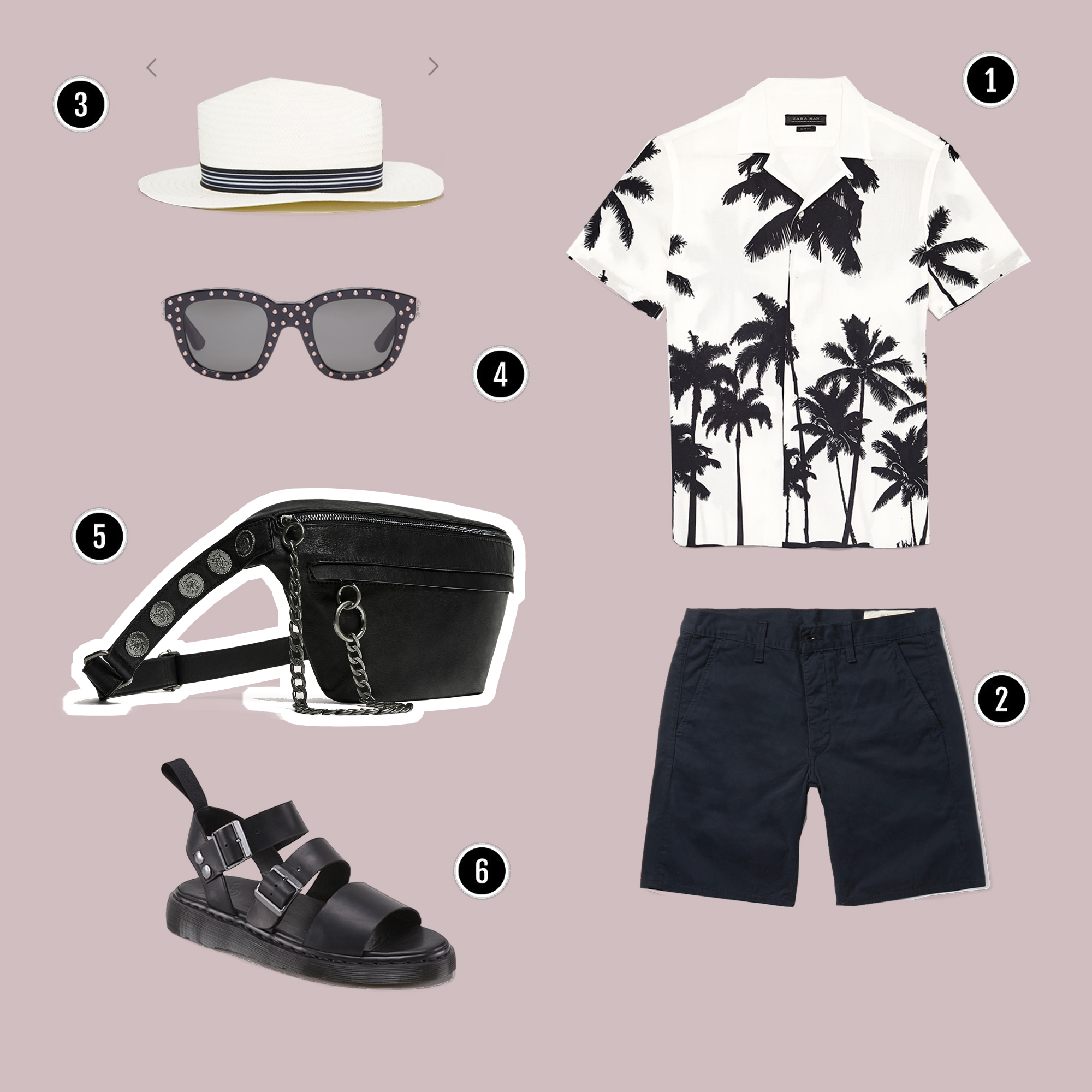 1. Áo: Zara/ 2. Quần: Rag&Bone / 3. Mũ: Asos / 4. Kính: YSL / 5. Túi: Zara / 6. Sandals: Dr. Martens