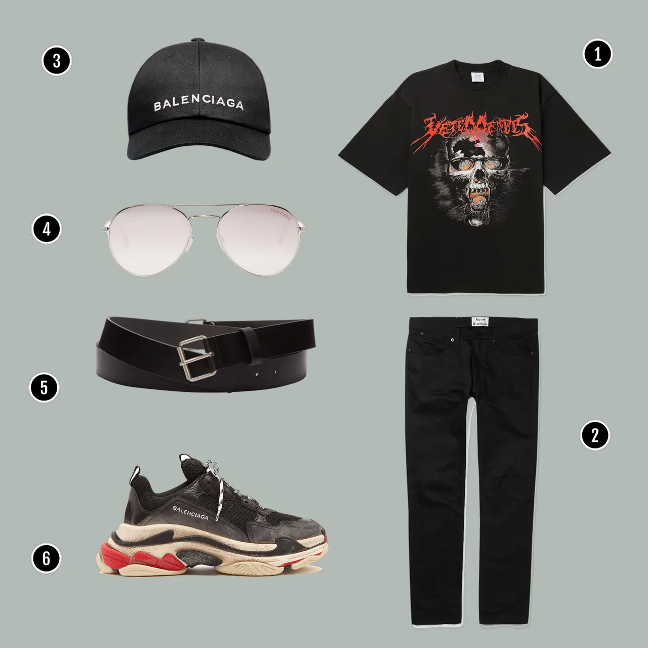 1. Áo: Vetements/ 2. Quần: Acne / 3. Mũ: Balenciaga / 4. Kính: Tom Ford / 5. Nịch: Rick Owens/ 6. Giày: Balenciaga