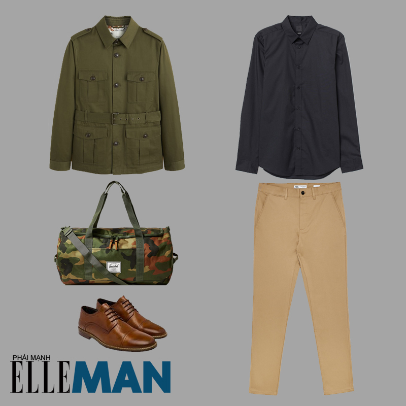 thời trang quân đội áo field jacket xanh sơ mi đen quần chinos