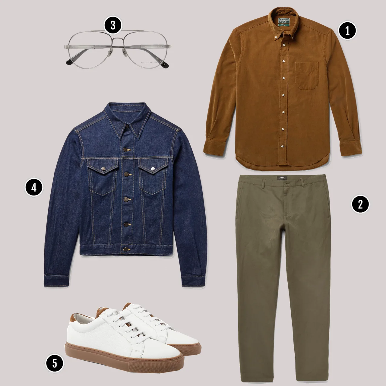 1. Áo: GITMAN VINTAGE / 2. Quần: APC / 3. Kính: Bottega Veneta / 4. Áo: Calvin Klein / 5. Giày: BRUNELLO CUCINELLI