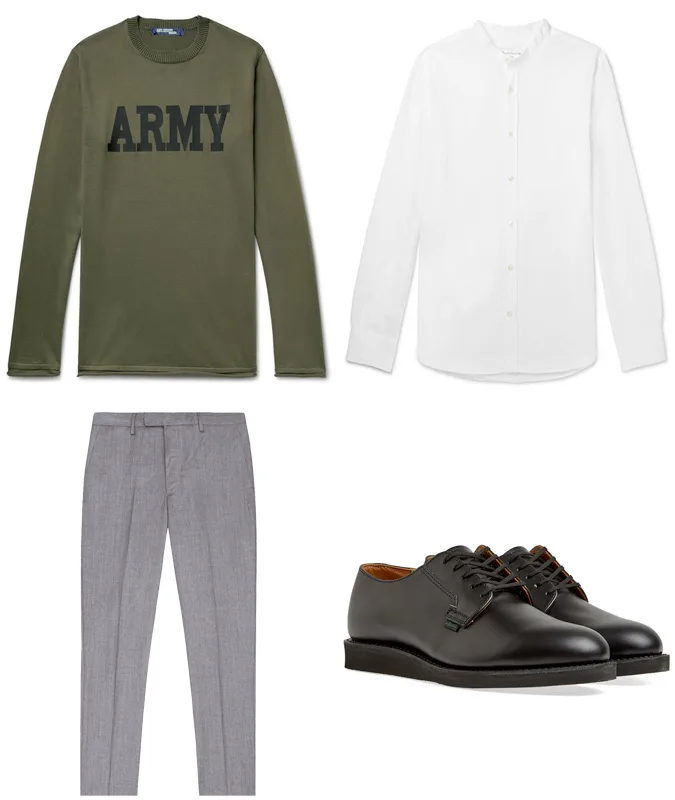 quần tây xám-quần tây xám và áo jumper cổ tròn
