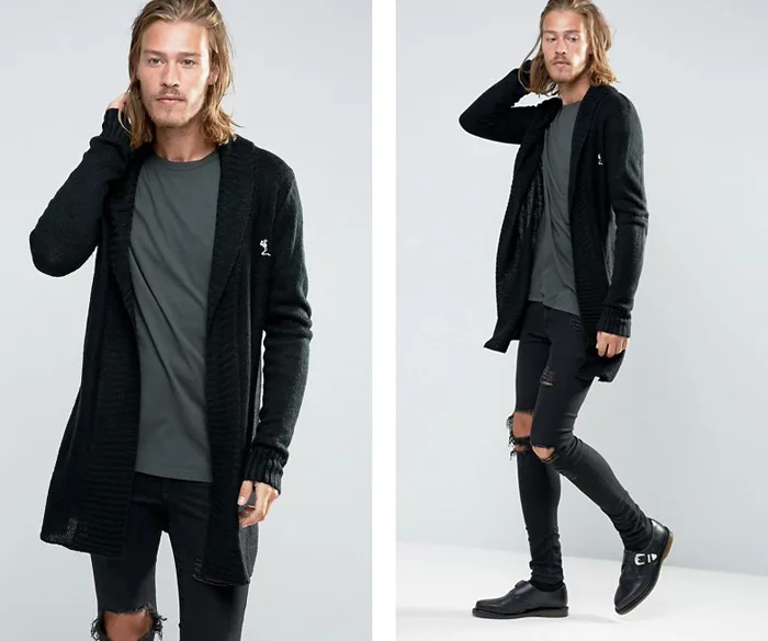 Áo khoác cardigan phối cùng ripped jeans.