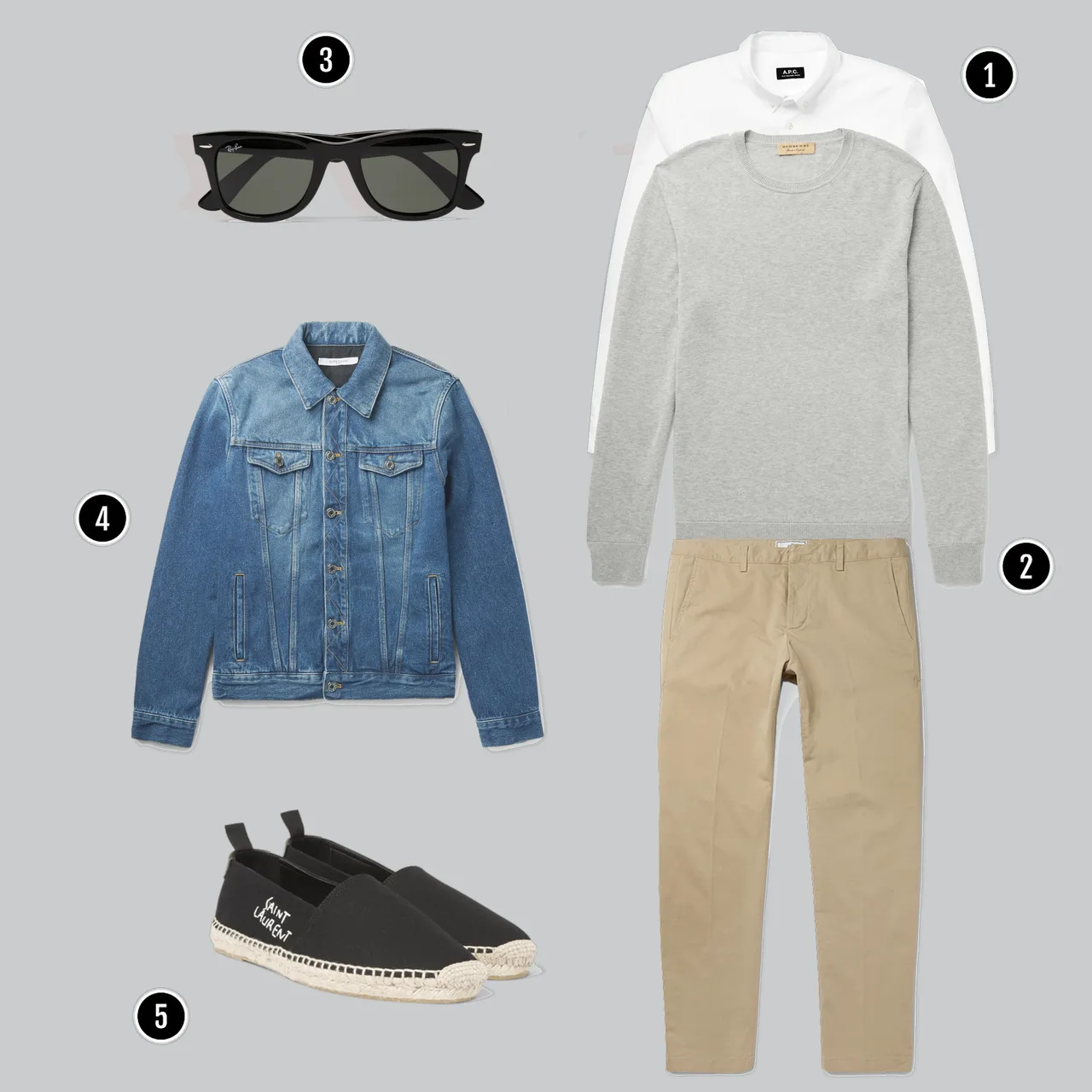 1. Áo: Burberry + APC/ 2. Quần: AMI / 3. Kính: Rayban / 4. Áo: Givenchy / 5. Giày: YSL