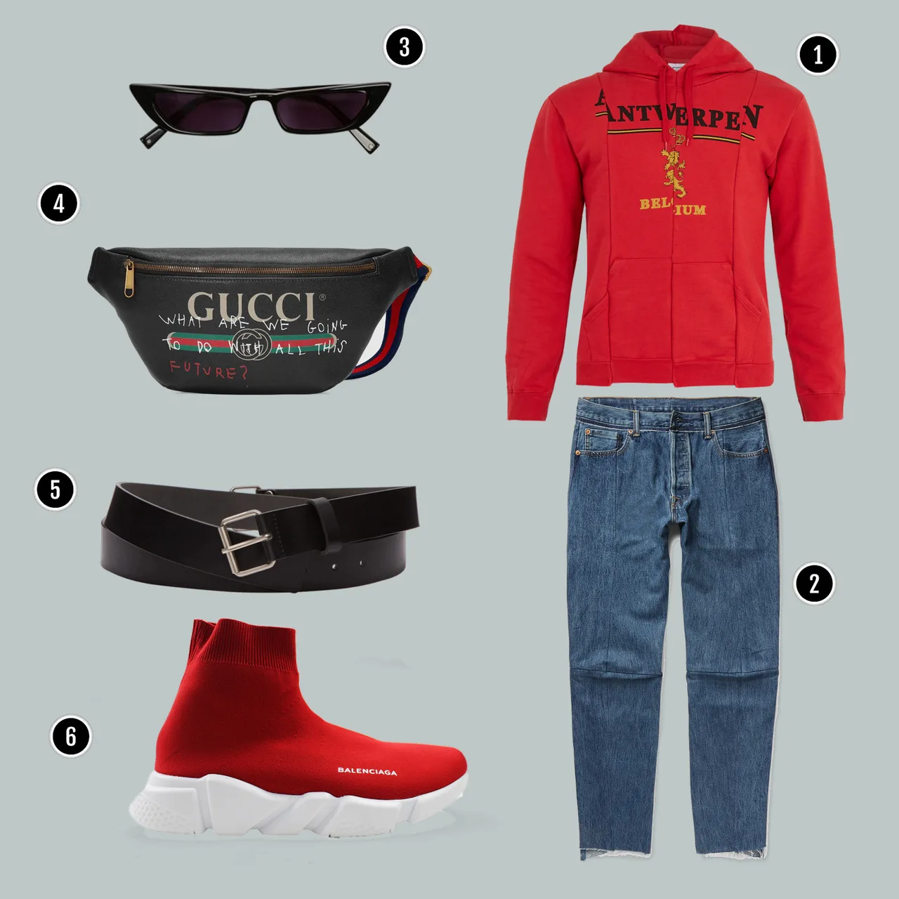 1. Áo: Vetements/ 2. Quần: Gucci/ 3. Áo: Vetements / 4. Tất: Vetements / 5.Giày: Balenciaga