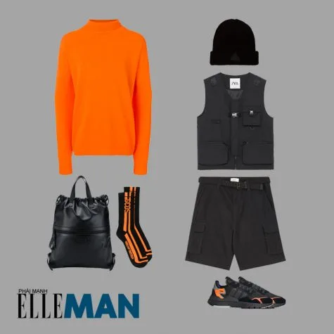 cách phối đồ những ngày mưa áo sweater màu cam neon gilet quần đùi đen addidas nite jogger