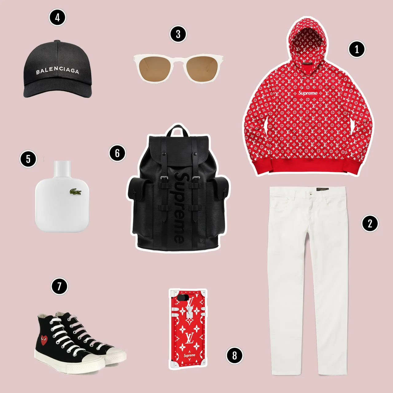1.Áo hoodie : Louis Vuitton x Supreme / 2. Quần : D&G / 3. Kính : Saint Laurent / 4. Mũ : Balenciaga / 5. Nước hoa : Lacoste / 6. Túi backpack : Louis Vuitton x Supreme /. 7. Sneakers : Comme Des Garcon / 8. Ốp điện thoại : Louis Vuitton x Supreme