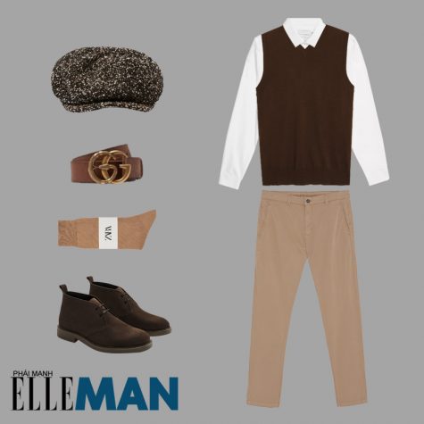 phối đồ gam màu beige áo len gilet áo sơ mi trắng