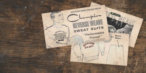 logo thương hiệu champion và sản phẩm áo sweater đầu tiên
