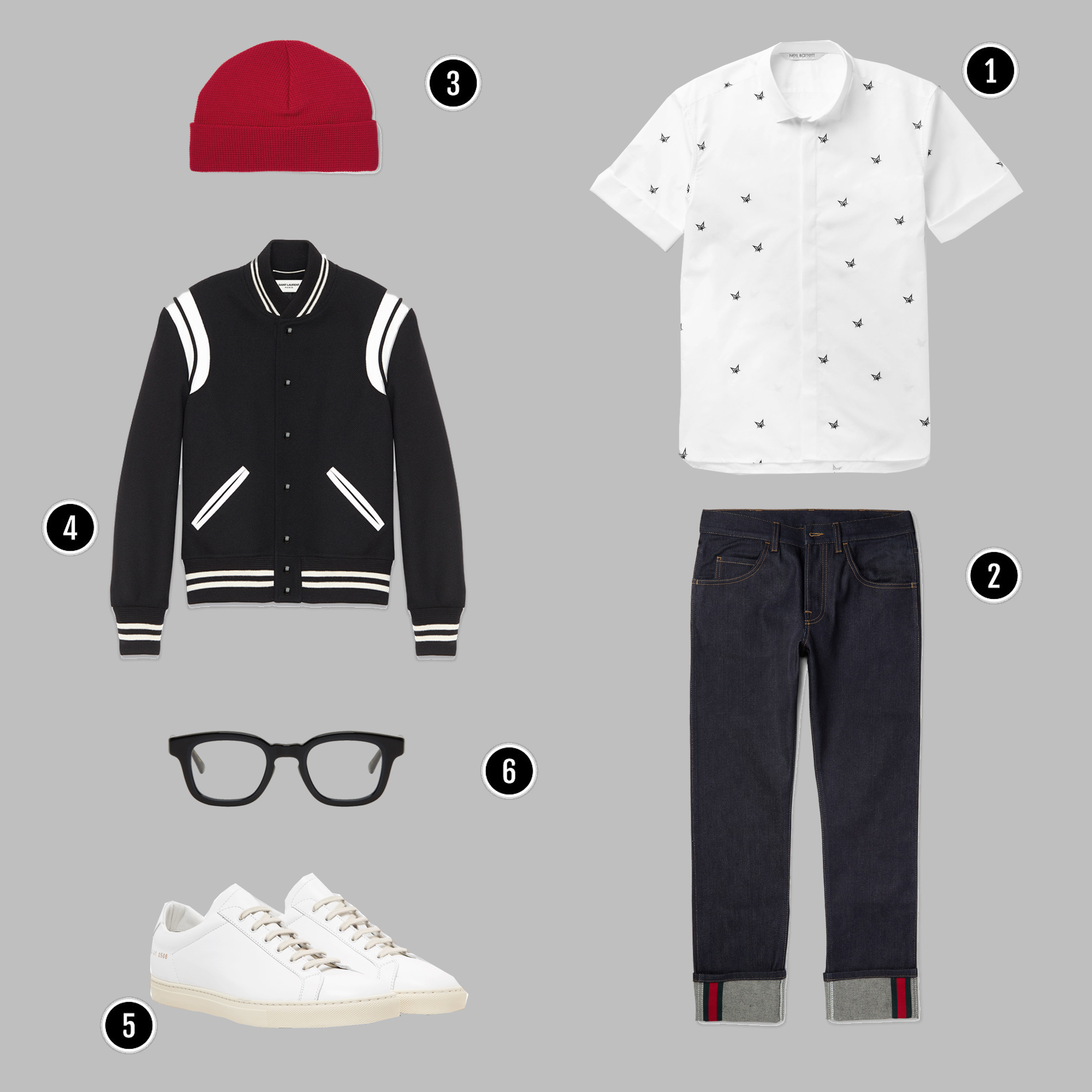 1. Áo sơmi : NEIL BARRETT / 2. Quần: Gucci / 3. Mũ : AMI / 4. Áo: YSL / 5. Giày : Common Project / 6. Kính : Eyevan 7285