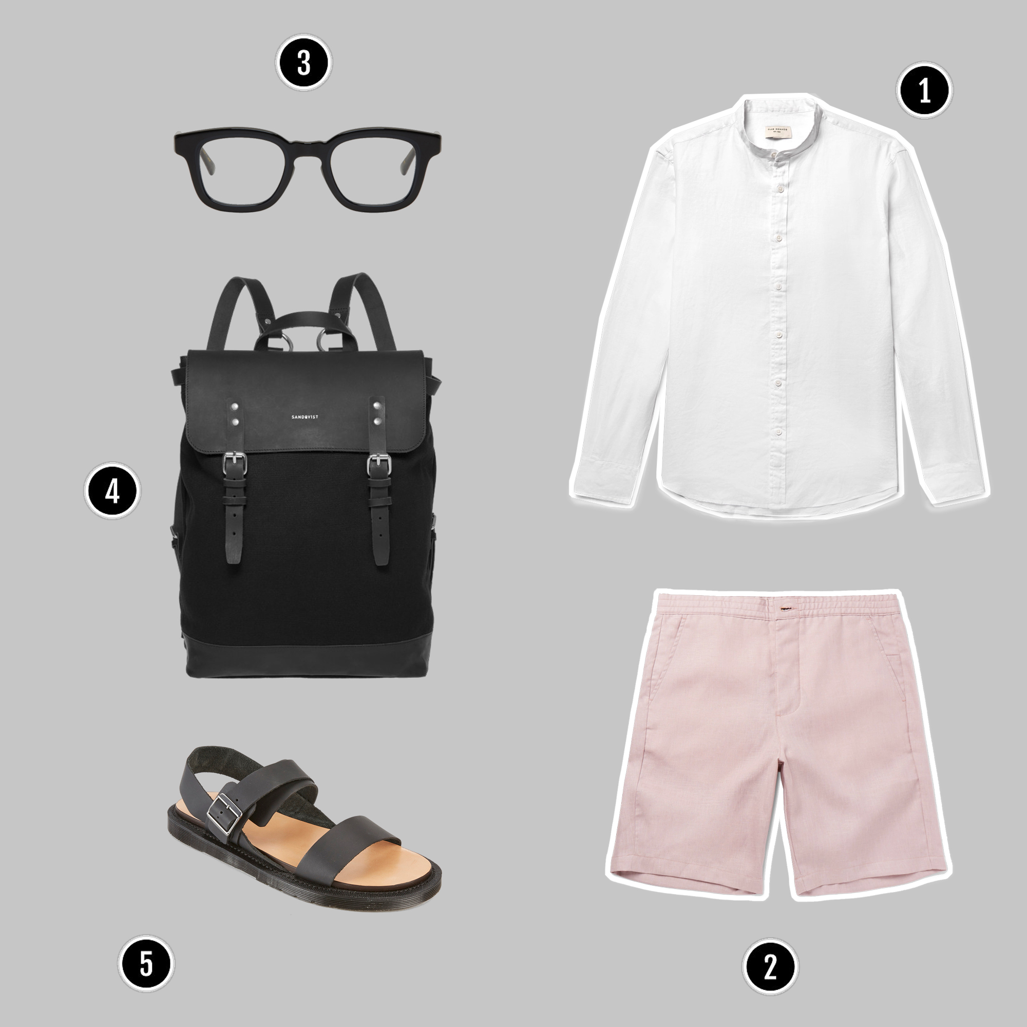 1. Áo: Club Monaco / 2. Quần: Oliver Spencer / 3. Túi : Sandqvist / Kính: Eyevan 7285 / 5. Sandals : Dr Martens