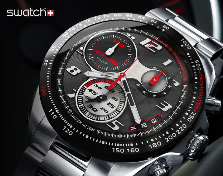 đồng hồ nam Swatch kim loại có chi tiết đỏ bạc trên nền đen.