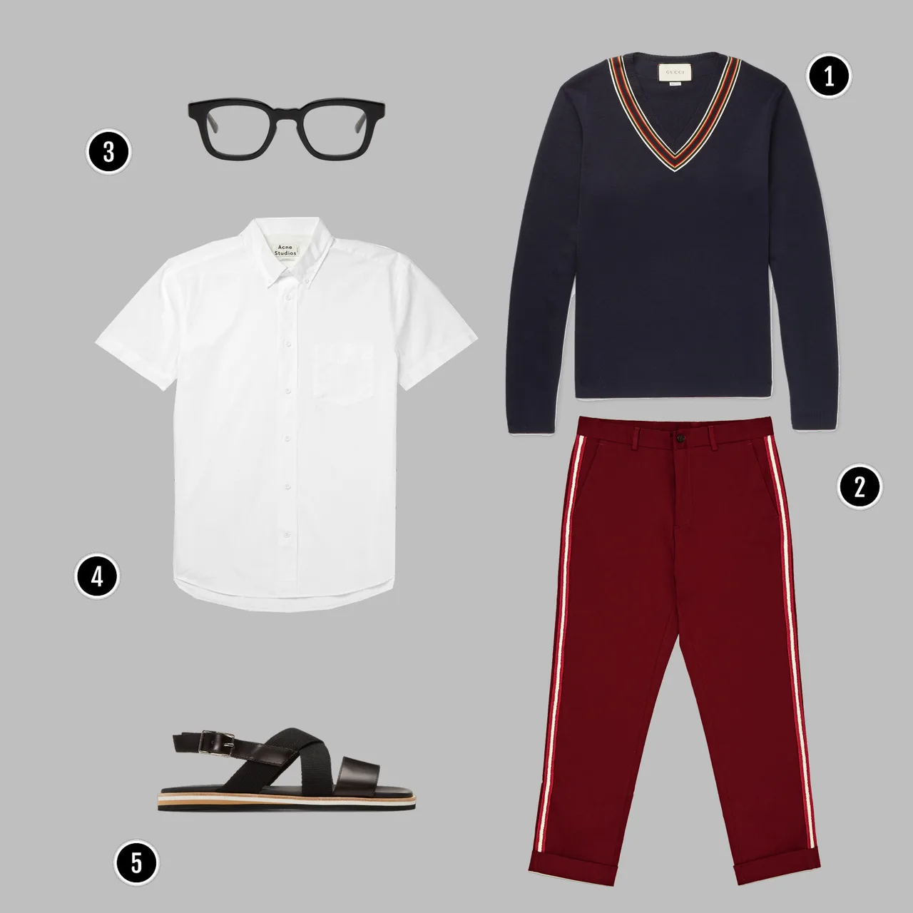 1. Áo: Gucci / 2. Quần: Zara/ 3. Kính: Eyevans 7285 / 4. Áo: Zara / 5. Sandals: BALLY