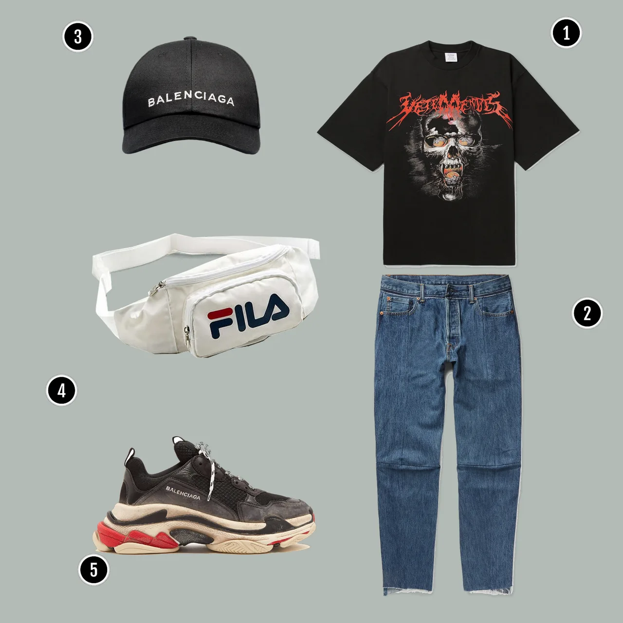 1. Áo: Vetements/ 2. Quần: Vetements / 3. Mũ: Balenciaga / 4. Túi : Fila/ 5. Giày: Balenciaga