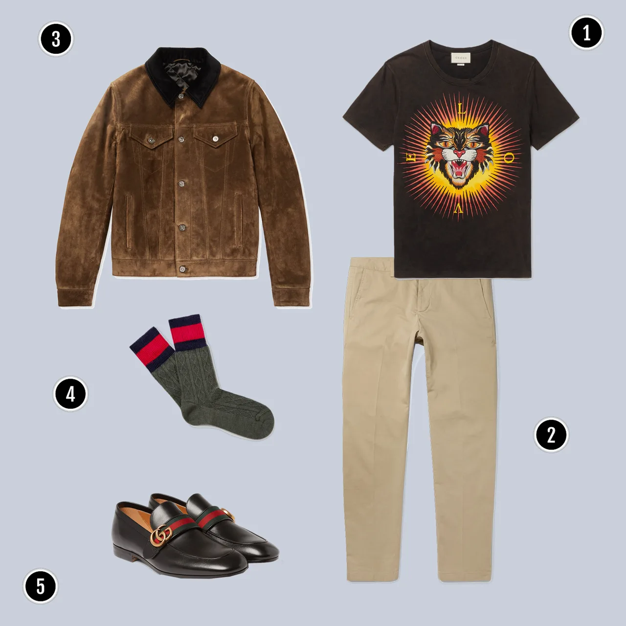 1. Áo: Gucci / 2. Quần: AMI / 3. Áo: Berluti / 4. Tất: Gucci / 5. Giày: Gucci