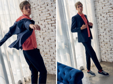 áo polo nam màu living coral của Gio Bernini và suit màu navy