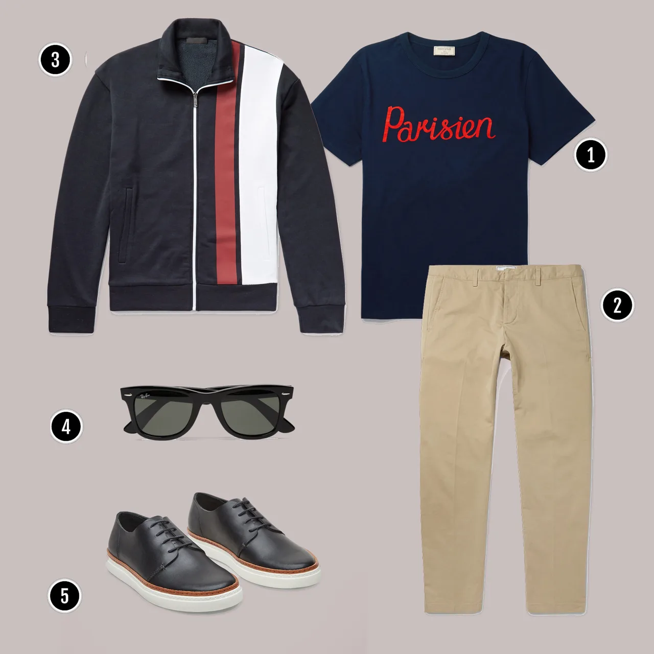1. Áo: Maison Kisune / 2. Quần: AMI/ 3. Áo: Prada / 4. Kính: Rayban / 5. Giày: COS