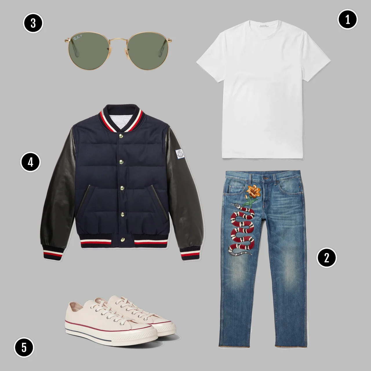 1. Áo: Acne / 2. Quần: Gucci / 3. Kính: Rayban/ 4. Áo: MONCLER GAMME BLEU / 5. Giày: Converse