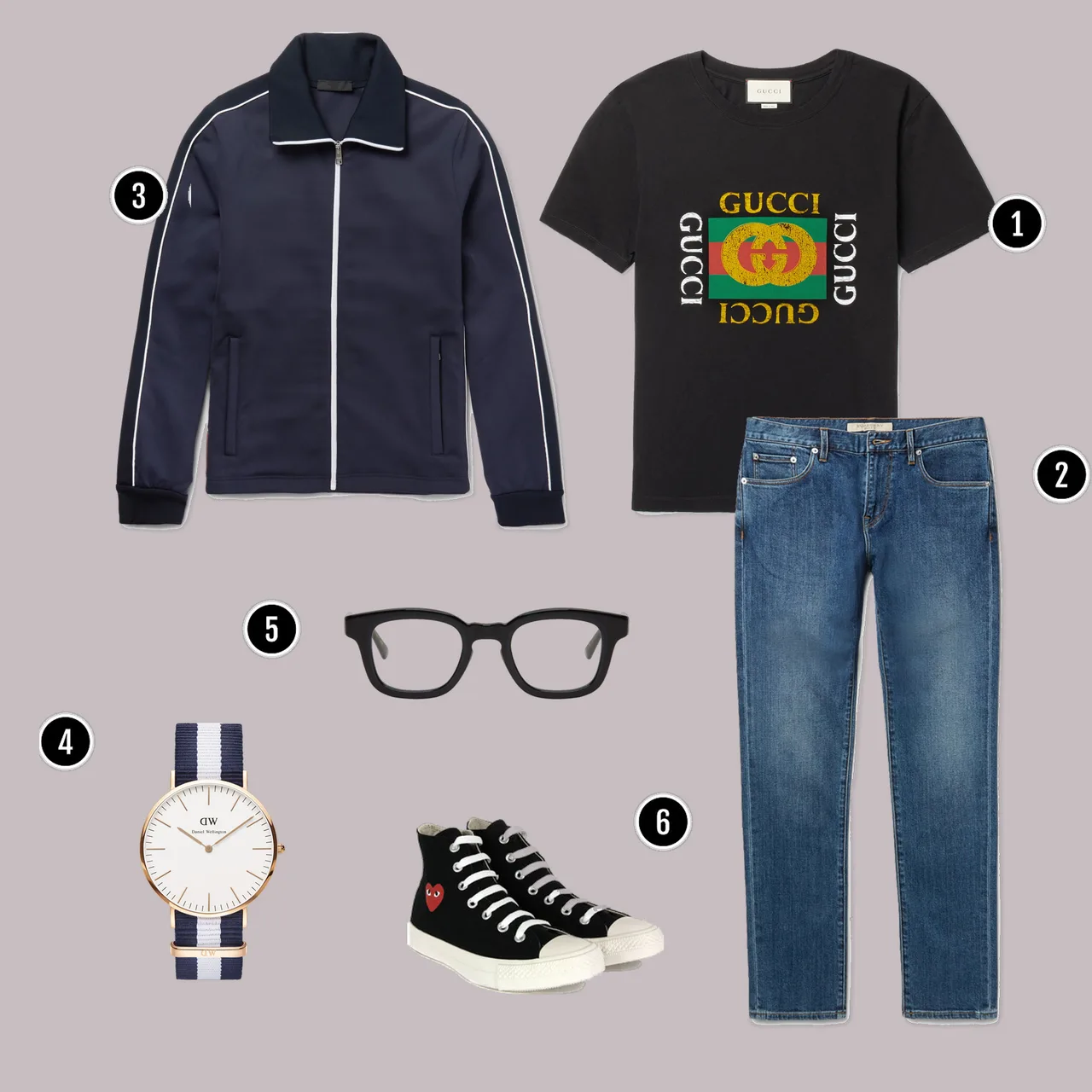 1. Áo: Gucci / 2. Quần: Burberry / 3. Áo: Prada/ 4. Đồng hồ: DW / 5. Kính: Eyevan 7285 / 6. Giày: CDG