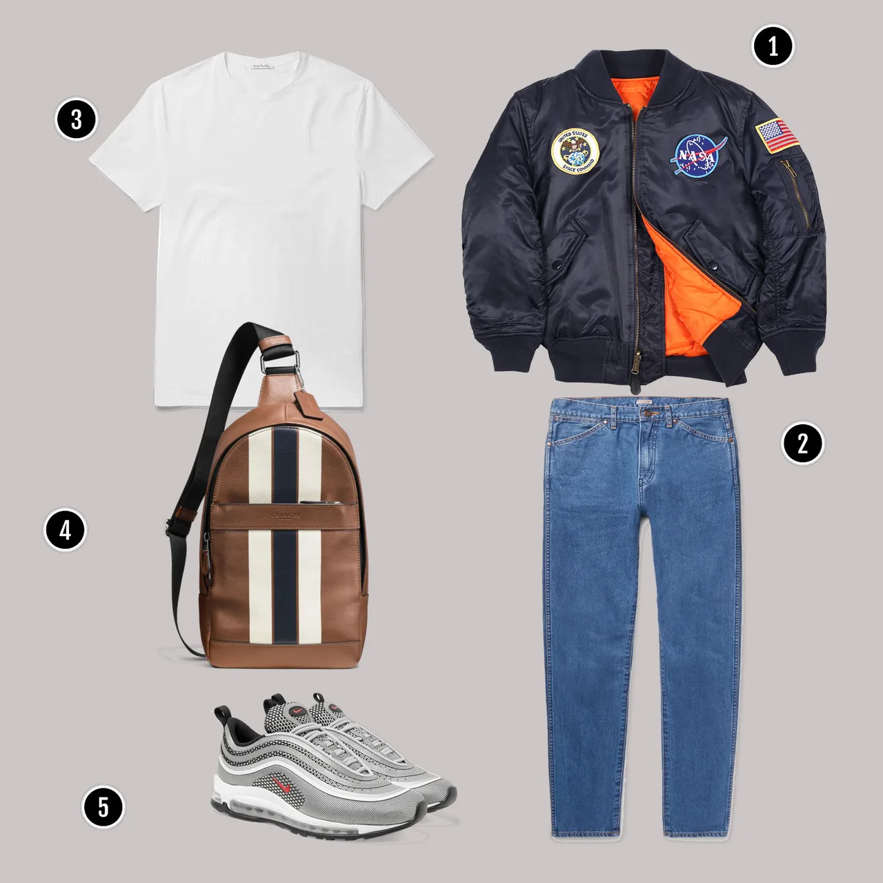 1. Áo: Alpha Industries / 2. Quần: APC/ 3. Áo: Acne / 4. Túi: Coach / 5. Giày: NIKE