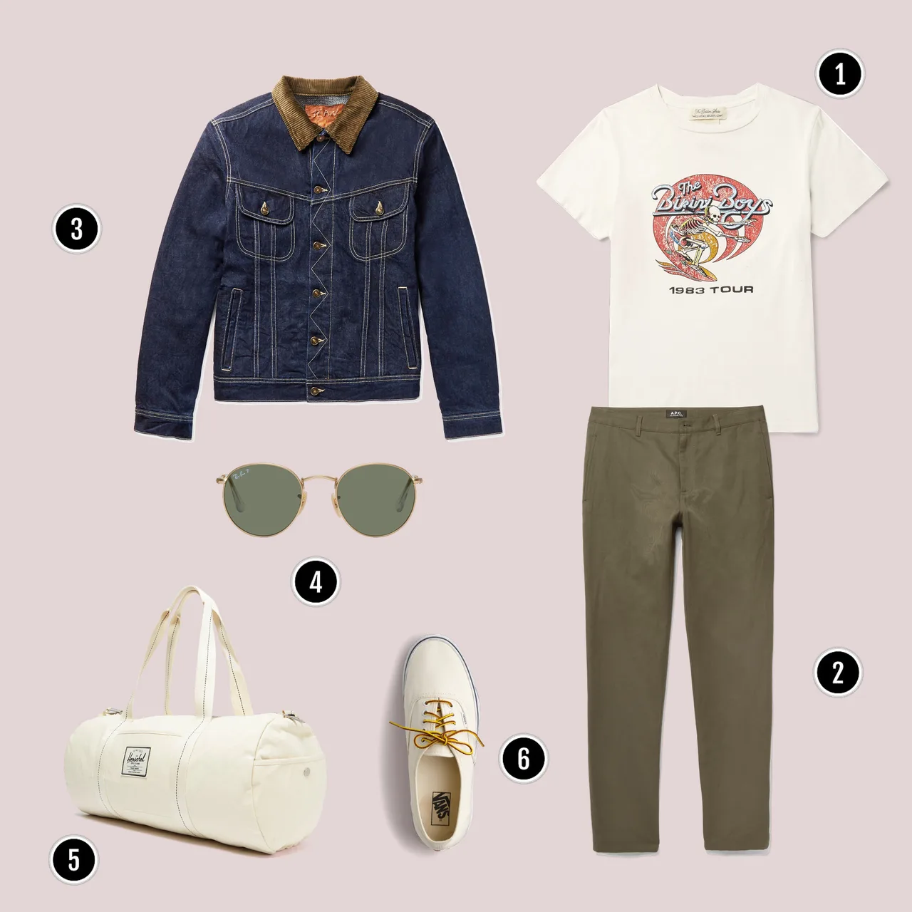 1. Áo: Vintage / 2. Quần: APC / 3. Áo: APC / 4. Kính: Rayban / 5. Túi: Herschel / 6. Giày: Vans