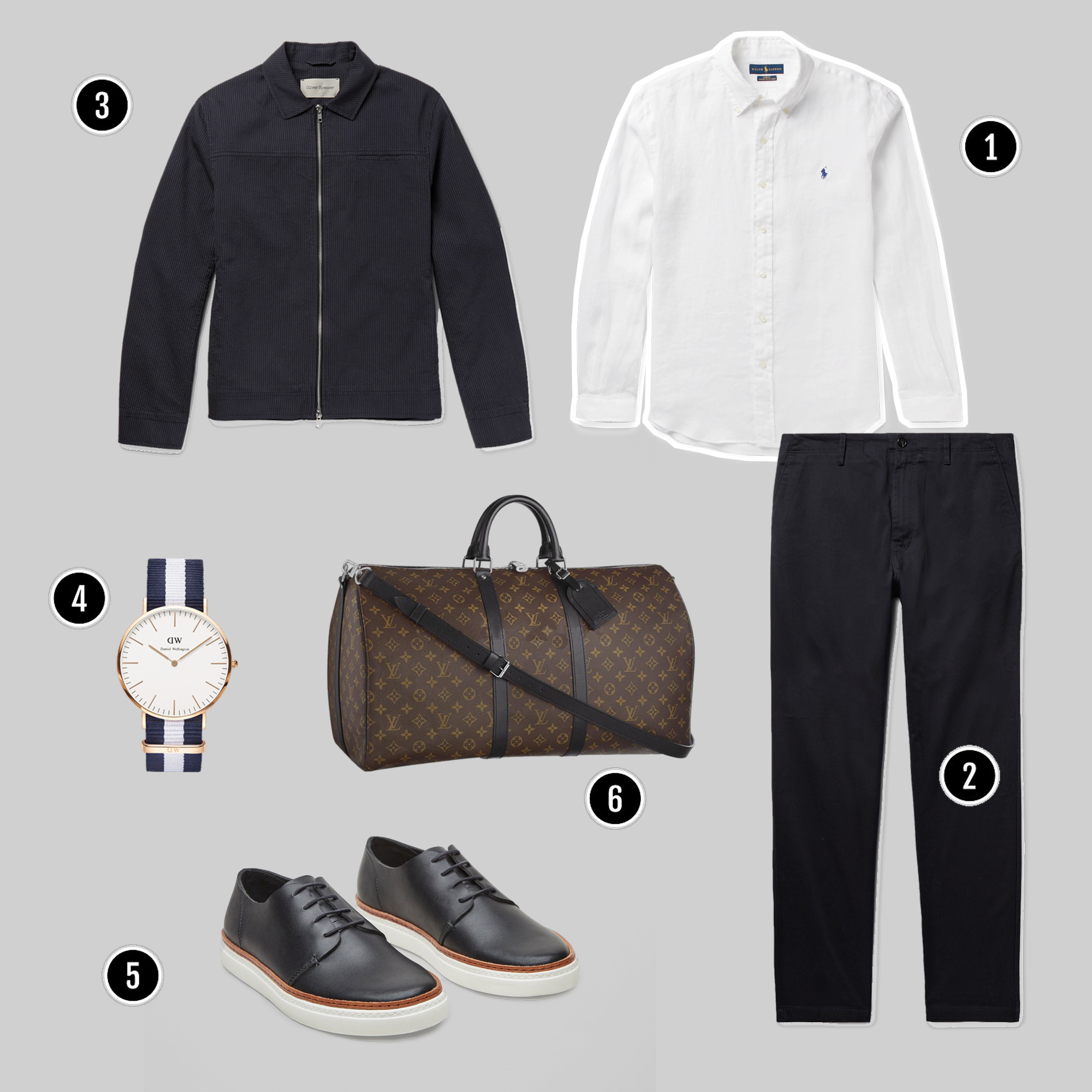 1. Áo: Polo Ralph Lauren / 2. Quần: Acne Studios / 3. Áo : Oliver Spencer / 4. Đồng Hồ : Dw / 5. Giày : Cos / 6. Túi : Lv