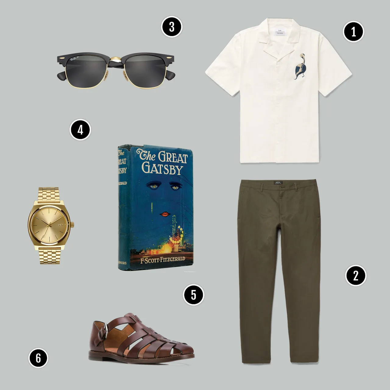 1. Áo: Folk / 2. Quần: APC / 3. Kính: Rayban/ 4. Đồng hồ: Nixon / 5. Sách: The Great Gatsby / 6. Giày: Church's