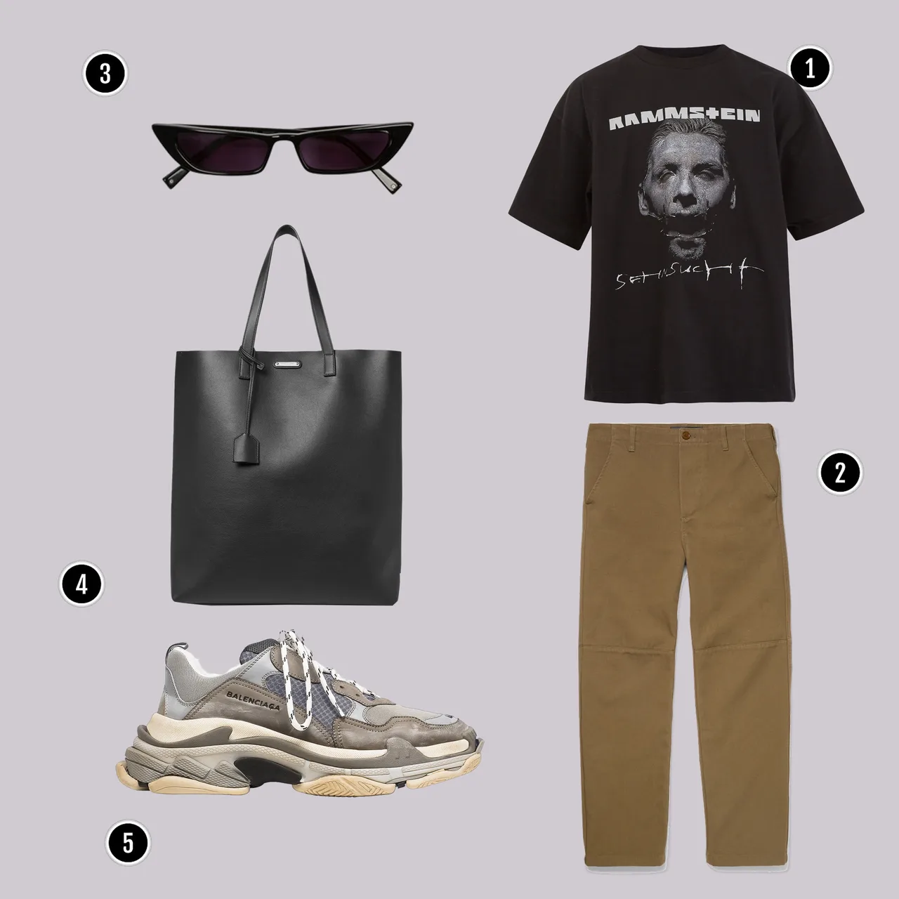 1. Áo: Vetements / 2. Quần: Balenciaga / 3. Kính: Kylie / 4. Túi : YSL / 5. Giày: Balenciaga
