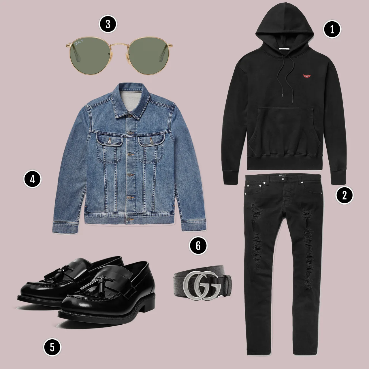 1. Áo: Gucci / 2. Quần: Alexander Mcqueen / 3. Kính: Rayban / 4. Áo: APC / 5. Giày: Dr martens / 6. Nịch: Gucci