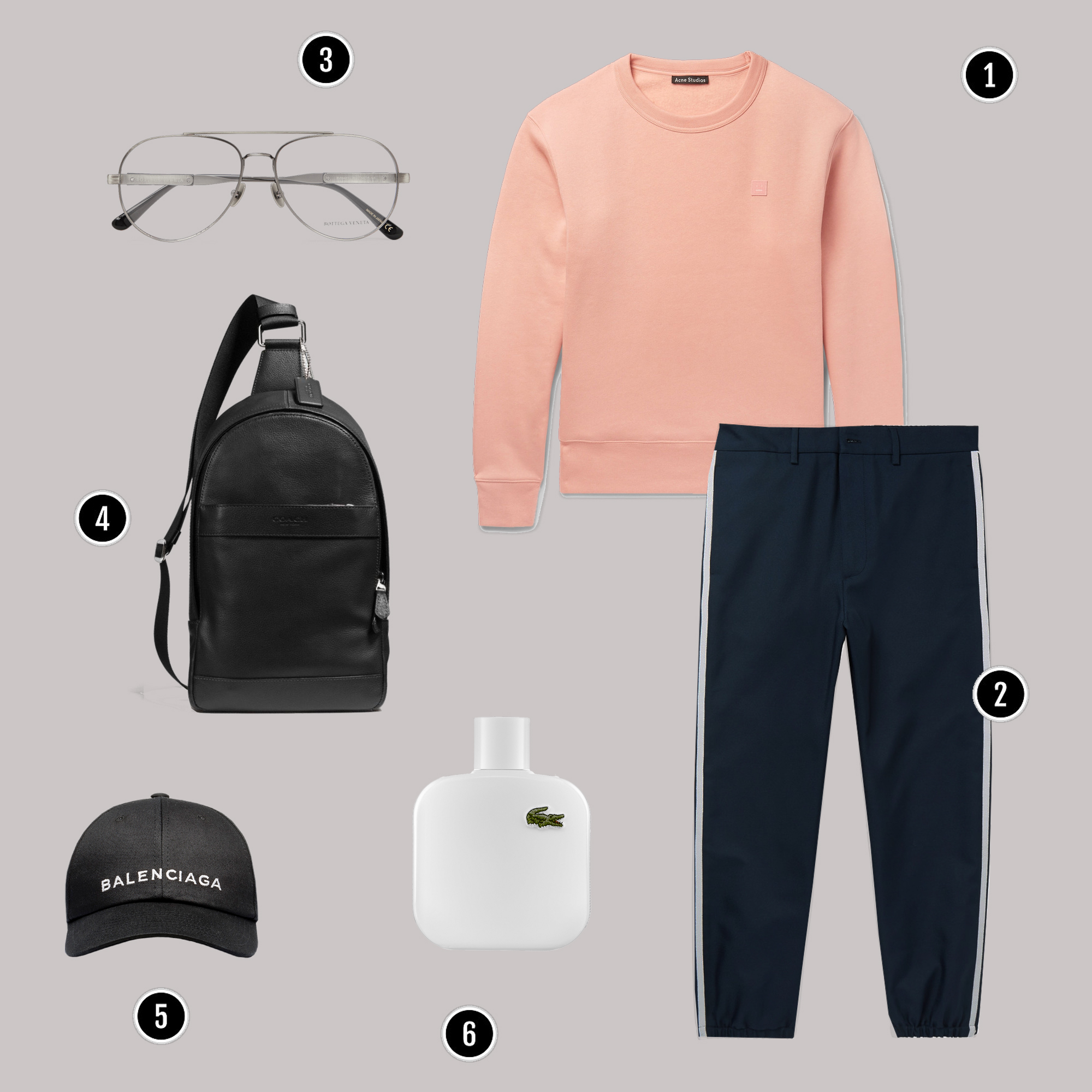 1. Áo: Acne / 2. Quần: Prada / 3. Áo: Gucci / 4. Túi: Zara / 5. Giày: Nike