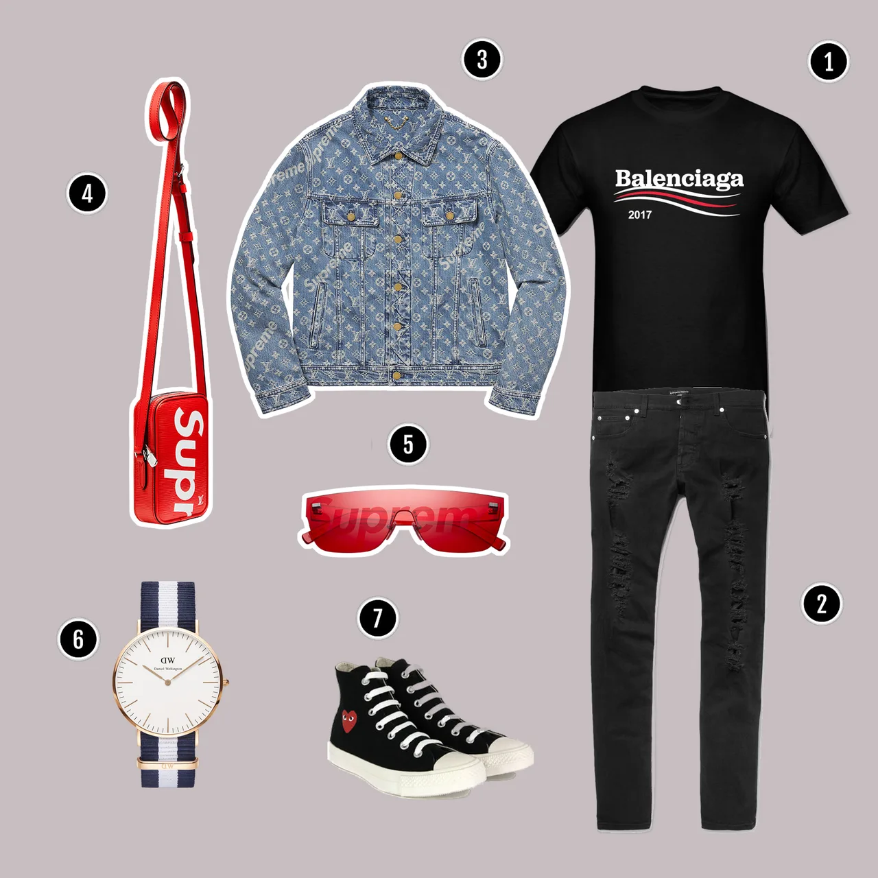 1.Áo : Balenciaga / 2. Quần : Alexander Mcqueen / 3. Áo khoác : Louis Vuitton x Supreme / 4. Túi : Louis Vuitton x Supreme / 5. Kính : Louis Vuitton x Supreme / 6. Đồng hồ : DW / 7. Sneakers : Comme Des Garcon