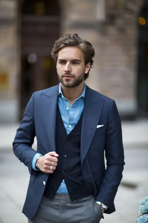 Cardigan kết hợp cùng sơ mi denim và áo khoác dạng vest của suit Cardigan kết hợp cùng sơ mi denim và áo khoác dạng vest của suit