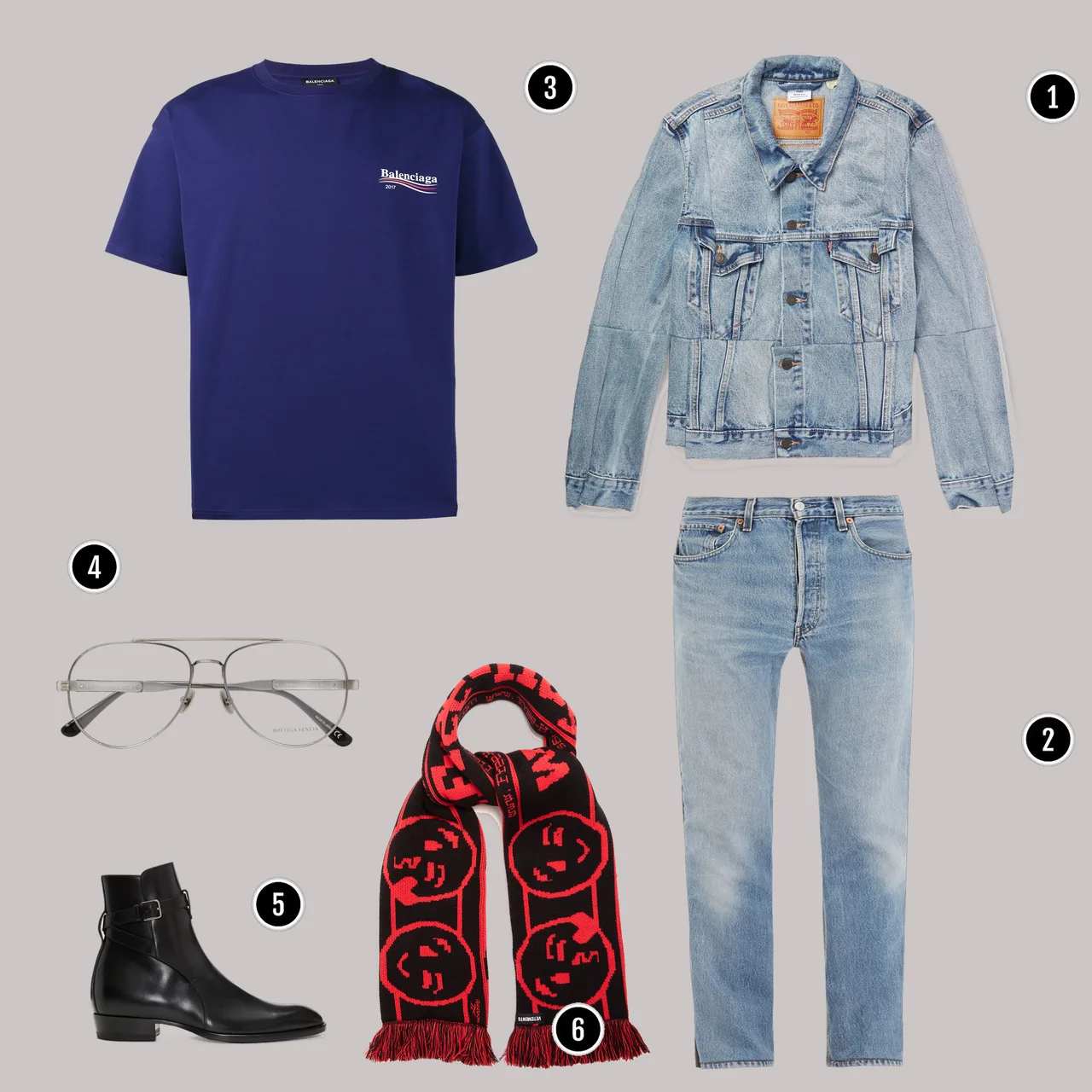 1. Áo: Vetements/ 2. Quần: Vetements / 3. Áo: Vetements / 4. Kính: Bottega veneta / 5. Giày: YSL / 6. Khăn: Vetements