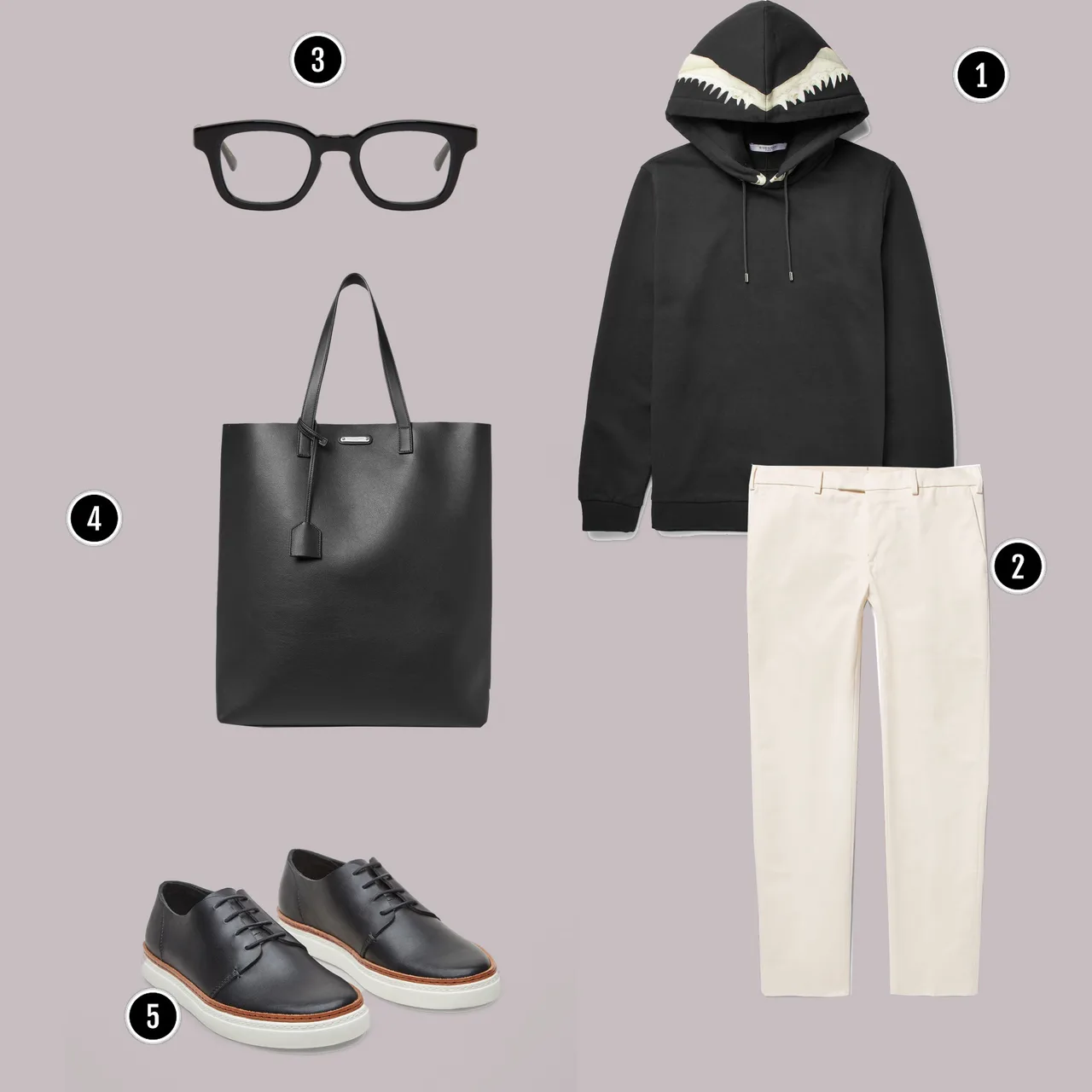 1. Áo: Givenchy / 2. Quần: Visvim / 3. Kính: Eyewear 7285/ 4. YSL / 5. Giày: COS