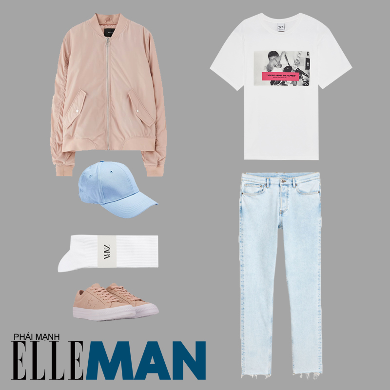 phối đồ theo tông màu pastel giành cho nam giới áo khoác bomber hồng áo thun trắng và quần jean