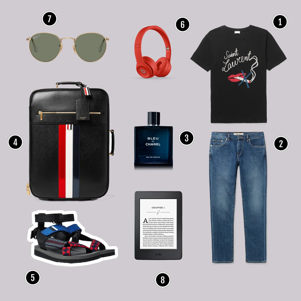 1.Áo : Saint Laurent / 2.Quần : Burberry / 3.Nước hoa : Chanel / 4.Vali : Thom Browne / 5.Sandals : Fendi / 6.Headphones : Beats / 7.Kính : Rayban / 8.Máy đọc sách : Kindle