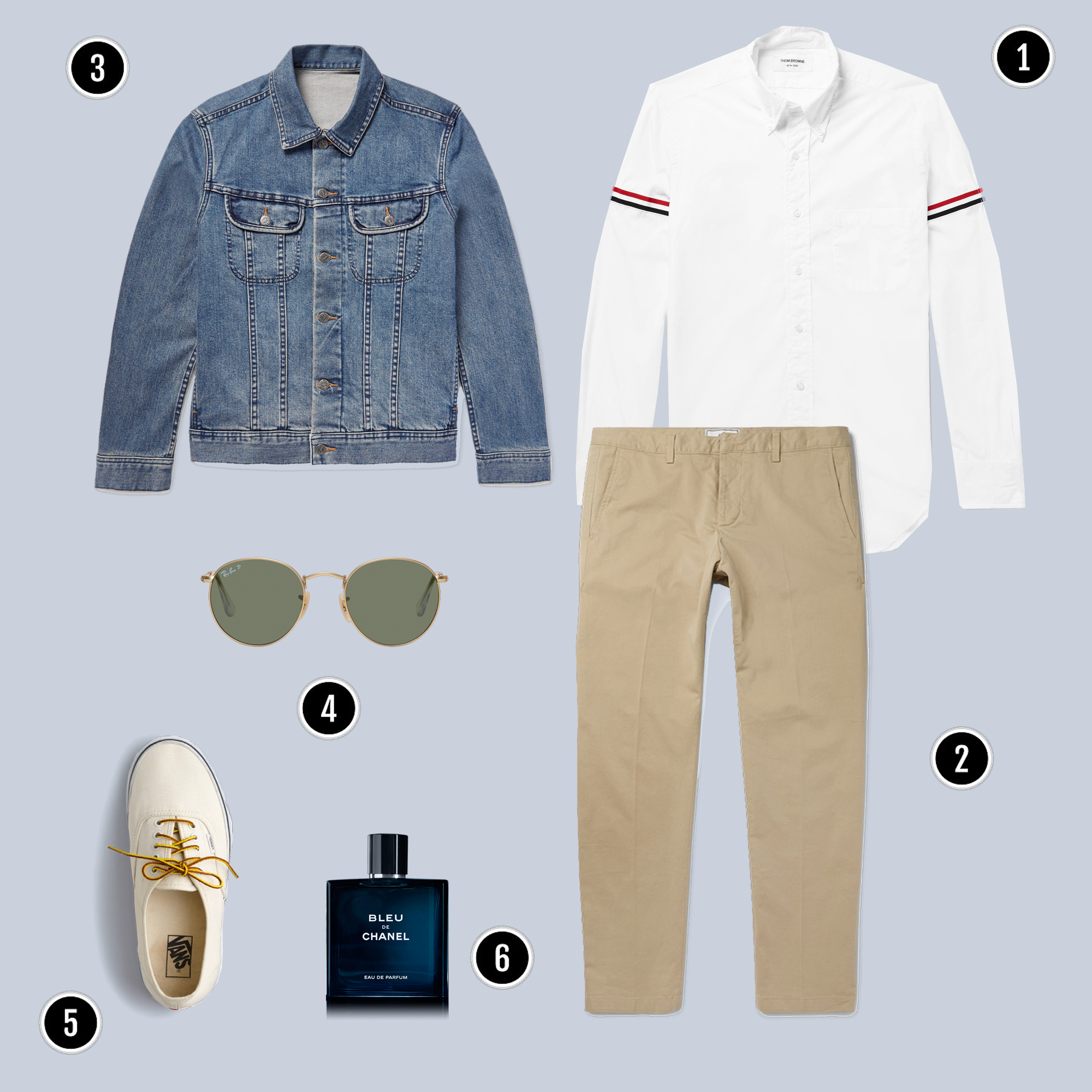 1. Áo sơmi : THOM BROWNE / 2. Quần : AMI/ 3. Áo : APC / 4. Kính : Rayban / 5. Giày : Vans / 6. Nước hoa : Chanel