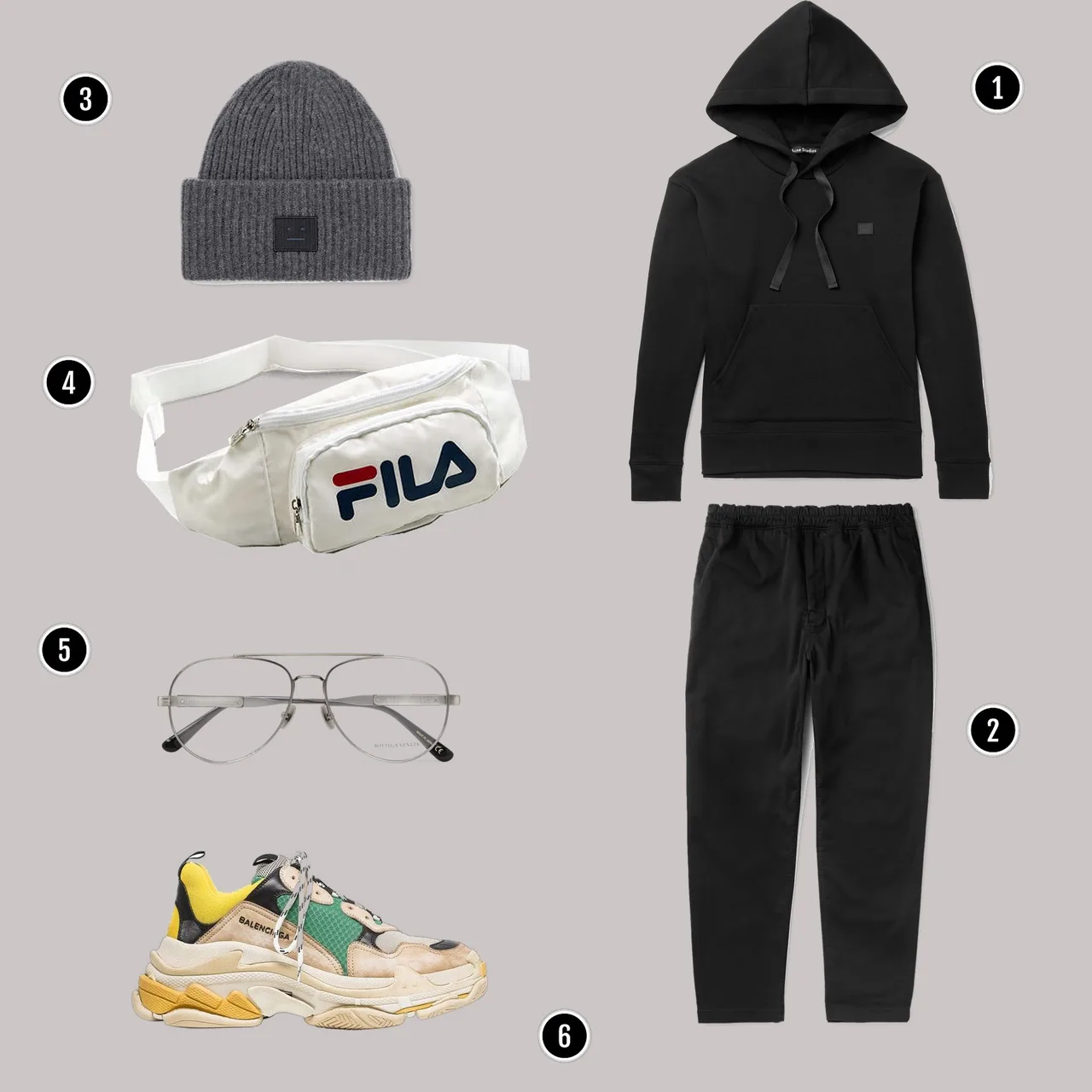 1. Áo: Acne/ 2. Quần: Acne / 3. Mũ: Acne / 4. Túi : Fila / 5. Kính: Bottega veneta / 6. Giày: Balenciaga
