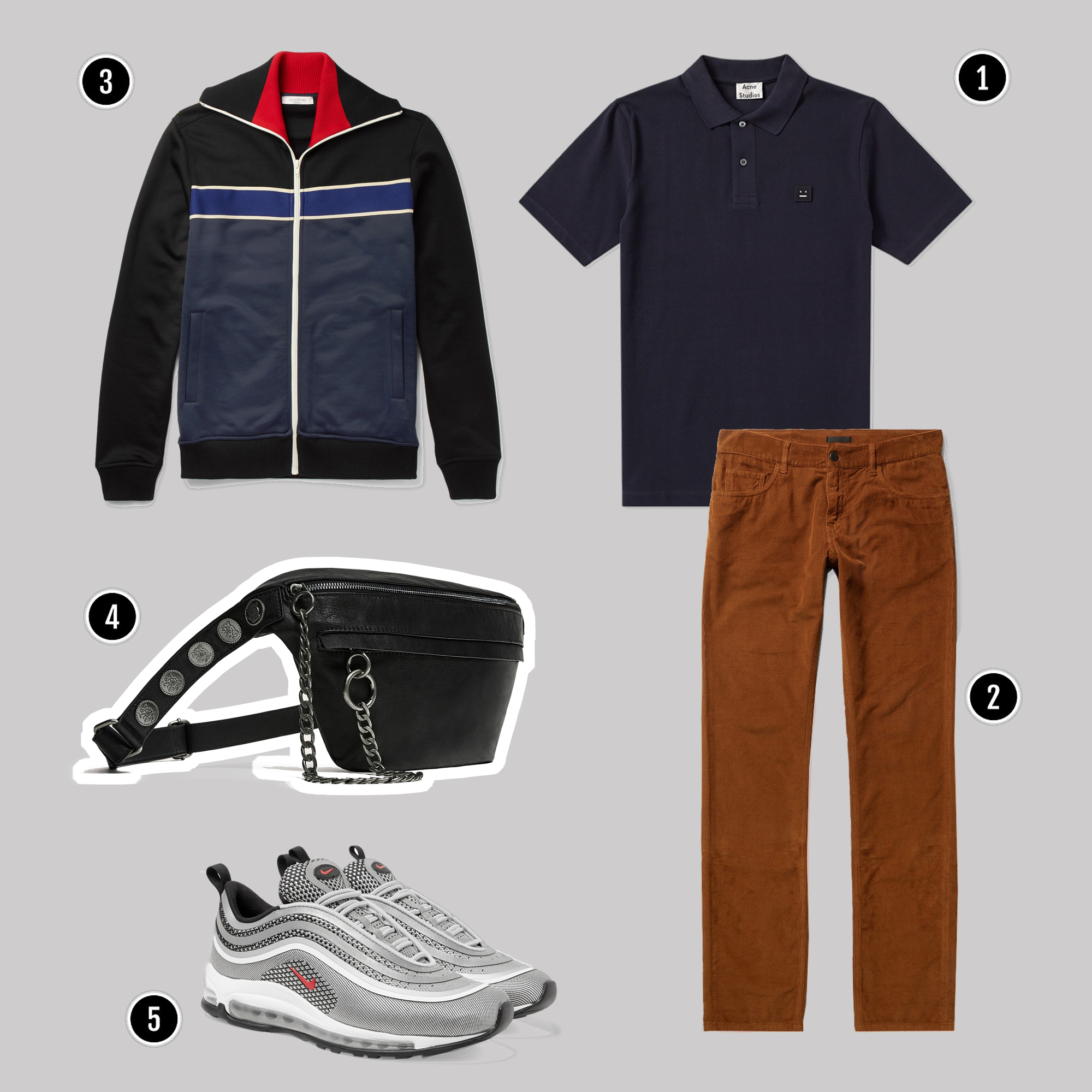 1. Áo: Acne / 2. Quần: Gucci / 3. Kính: BOTTEGA VENETA / 4. Túi: Coach / 5. Mũ: Balenciaga / 6. Nước hoa: Lacoste