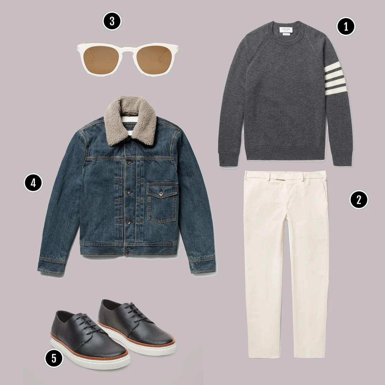 1. Áo: Thom Browne / 2. Quần: AMI / 3. Kính: YSL / 4. Áo: Rag&Bone / 5. Giày: Cos